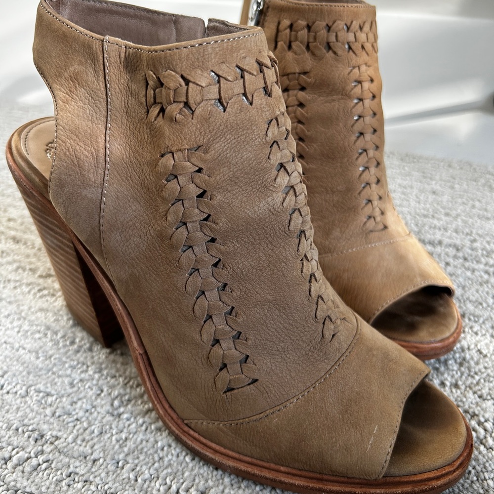 Vince Camuto Tan Suede Peep-Toe Heels